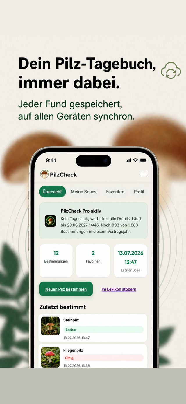 PilzCheck: Pilz-Tagebuch, geräteübergreifend synchron