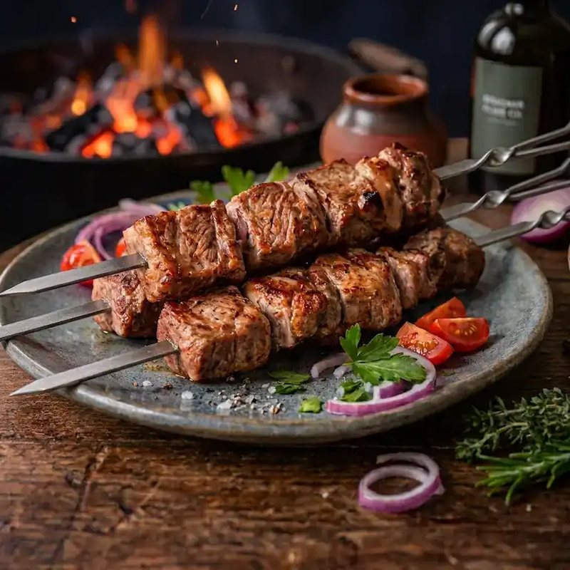 Angerichtete Schaschlik-Spieße vom Schweinenacken mit Zwiebeln und Kräutern